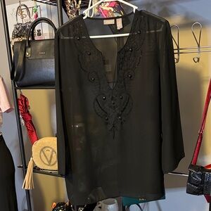 Chico's Black Sheer Embroidered Blouse